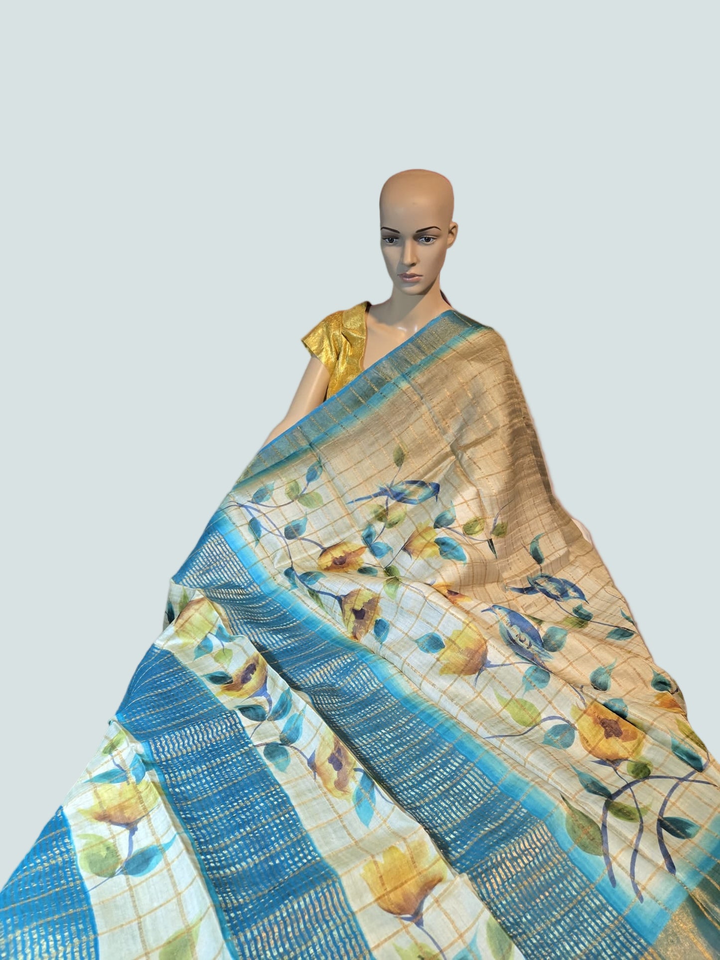 Pure Gachi Tussar Handloom Silk Saree Shipping from USA Blue with Silk Mark