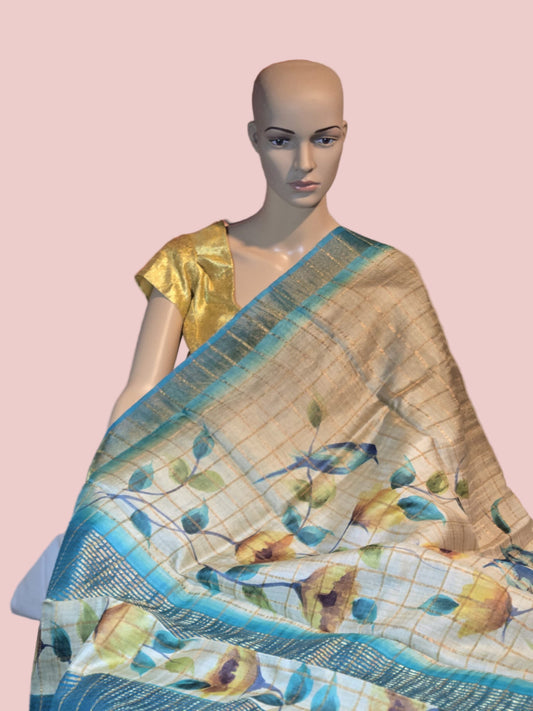 Pure Gachi Tussar Handloom Silk Saree Shipping from USA Blue with Silk Mark
