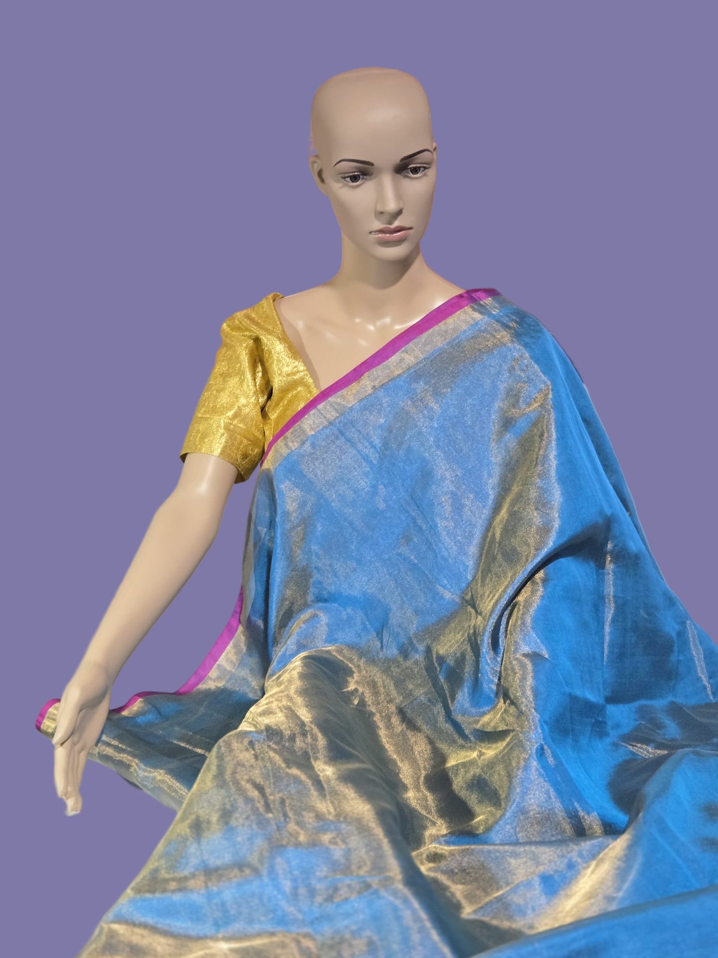 Pure Silk Tissue Saree with Pallu Design Blue and Majenta