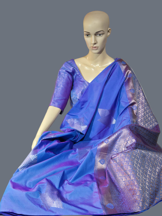 Semi Kanjeevaram Soft Silk Saree with Stitched Brocade Blouse – Elegant Traditional Wear Shipping from USA