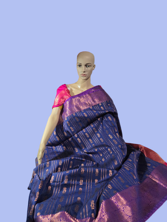 Elegant Semi Kanjeevaram Soft Silk Saree | Buttis Work & Contrast Pallu Online