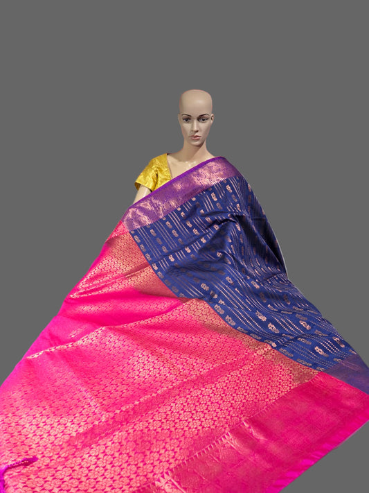 Elegant Semi Kanjeevaram Soft Silk Saree | Buttis Work & Contrast Pallu Online
