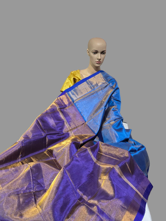 Tissue Silk Saree Handloom Pattu Saree with Dark Blue Blouse