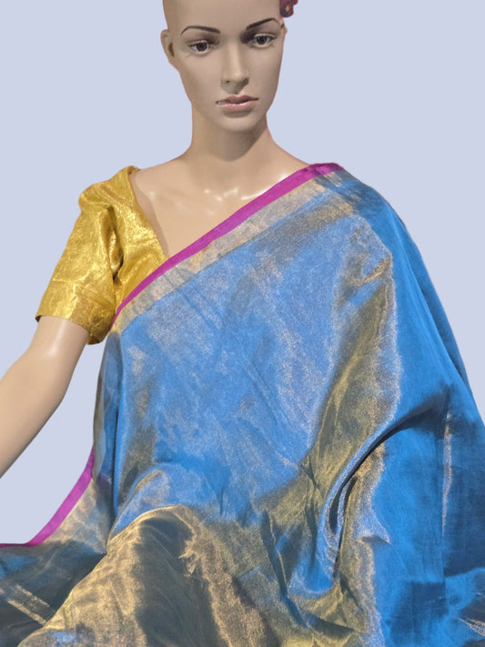 Pure Silk Tissue Saree with Pallu Design Blue and Majenta