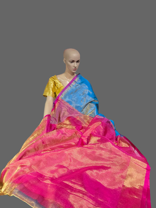 Pure Silk Tissue Saree with Pallu Design Blue and Majenta