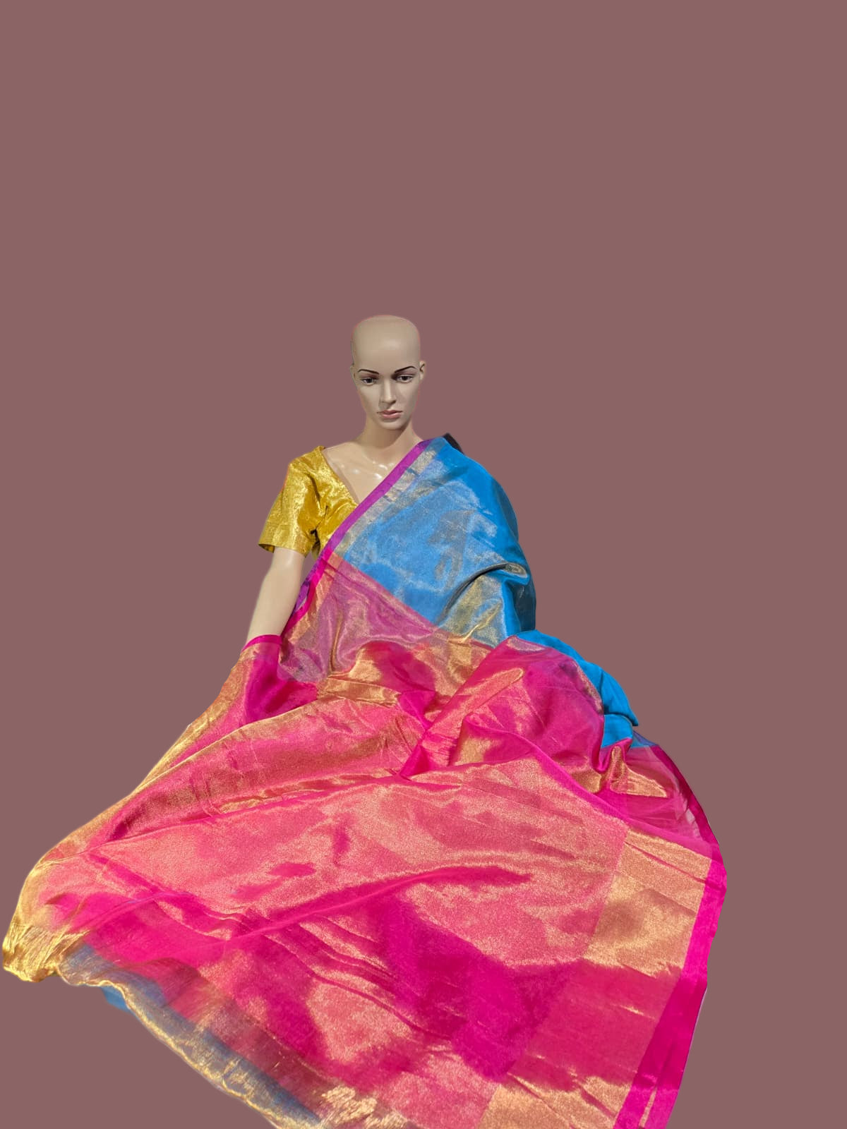 Pure Silk Tissue Saree with Pallu Design Blue and Majenta