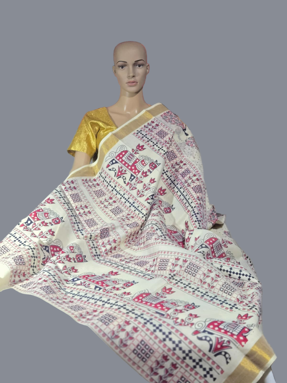 Printed Cotton Saree Pure Cotton Sarees Buy from USA  –  Buy Onam Saree Online Bindi Floral Dress Saree