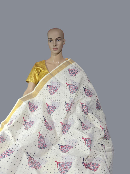 Printed Cotton Saree Pure Cotton Sarees Buy from USA  –  Buy Onam Saree Online Bindi Floral Dress Saree