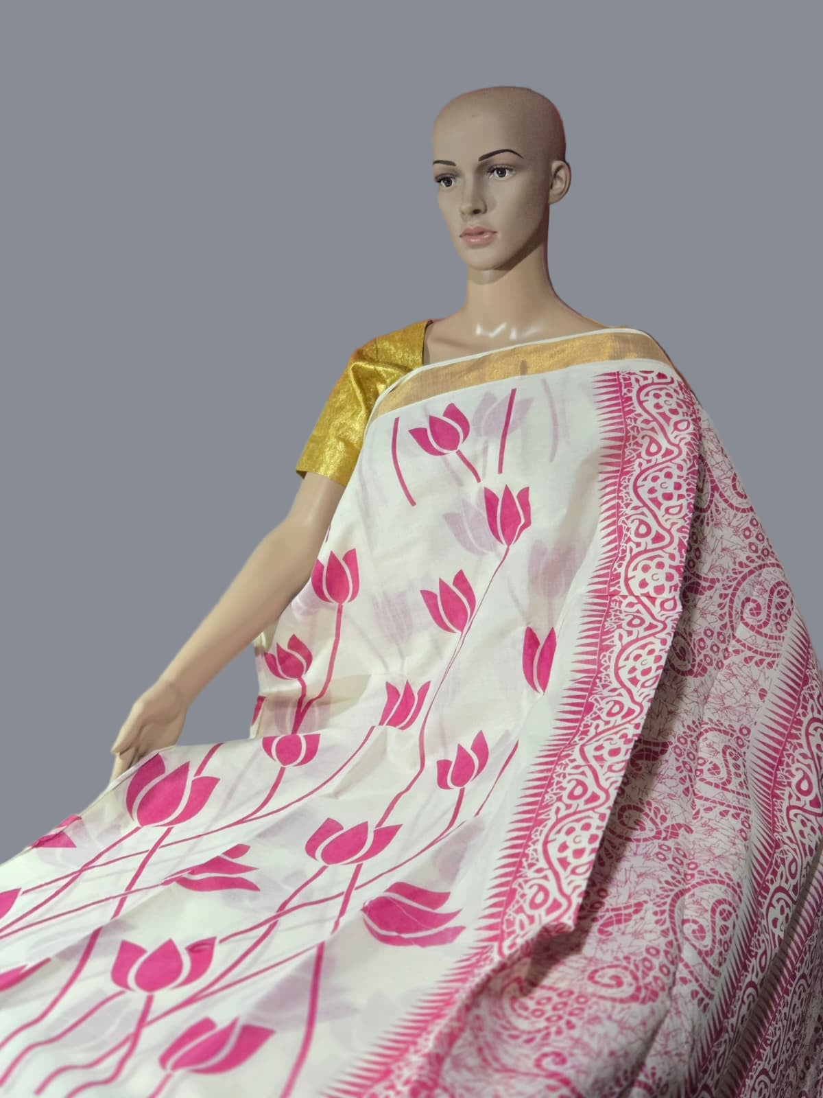 Traditional Indian Saree USA | Pure Cotton Sarees Buy from USA  – Pure cotton saree with blouse | Lotus Print Saree