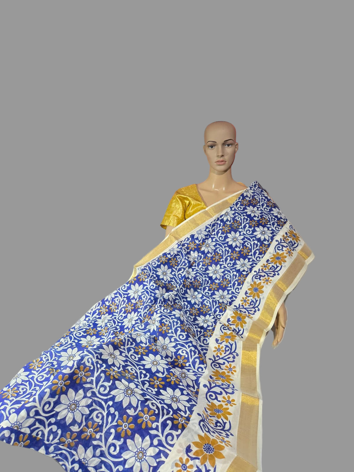 Blue Floral Printed Cotton Saree USA| Pure Cotton Sarees Buy from USA  –  Buy Onam Saree Online | Blue Floral Print Saree