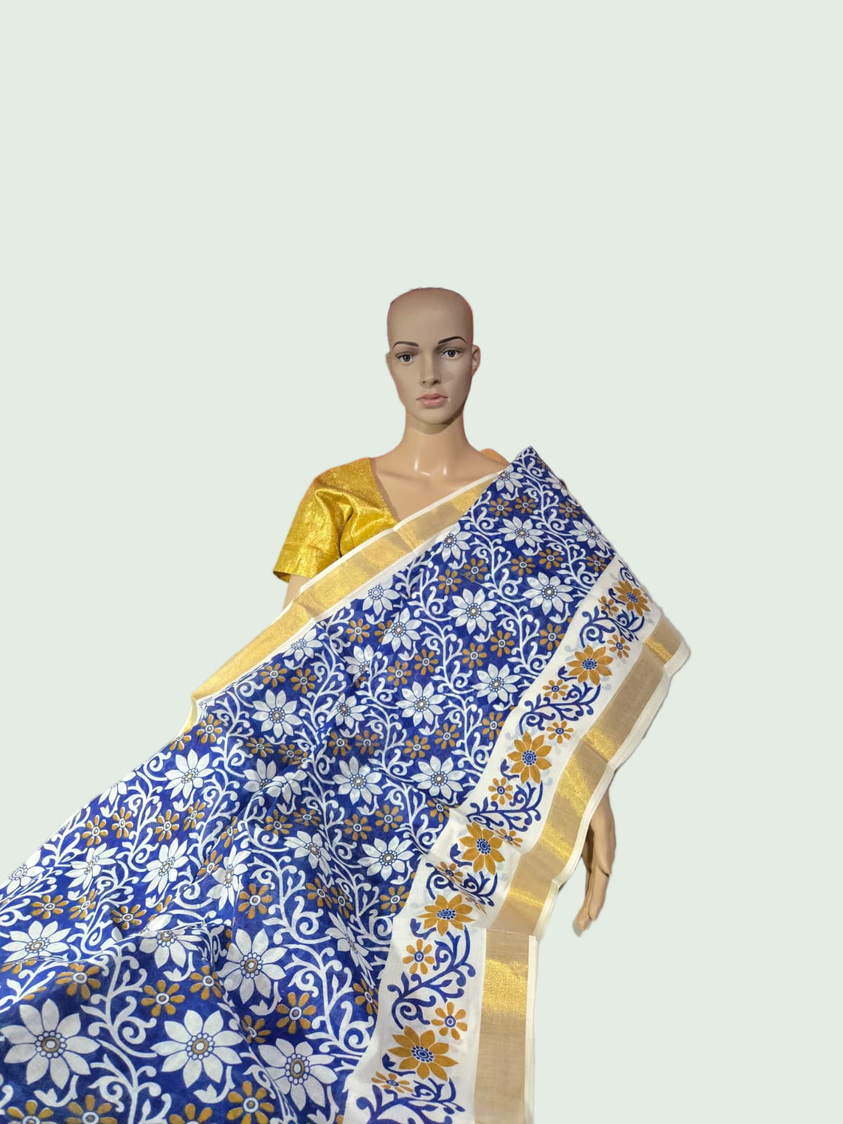 Blue Floral Printed Cotton Saree USA| Pure Cotton Sarees Buy from USA  –  Buy Onam Saree Online | Blue Floral Print Saree