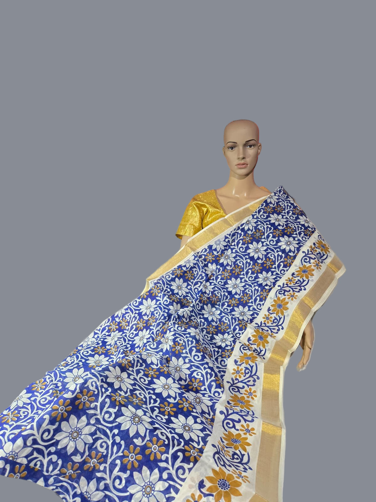 Blue Floral Printed Cotton Saree USA| Pure Cotton Sarees Buy from USA  –  Buy Onam Saree Online | Blue Floral Print Saree