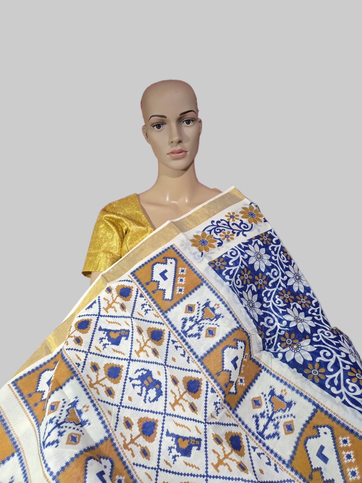 Blue Floral Printed Cotton Saree USA| Pure Cotton Sarees Buy from USA  –  Buy Onam Saree Online | Blue Floral Print Saree