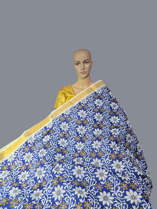 Blue Floral Printed Cotton Saree USA| Pure Cotton Sarees Buy from USA  –  Buy Onam Saree Online | Blue Floral Print Saree