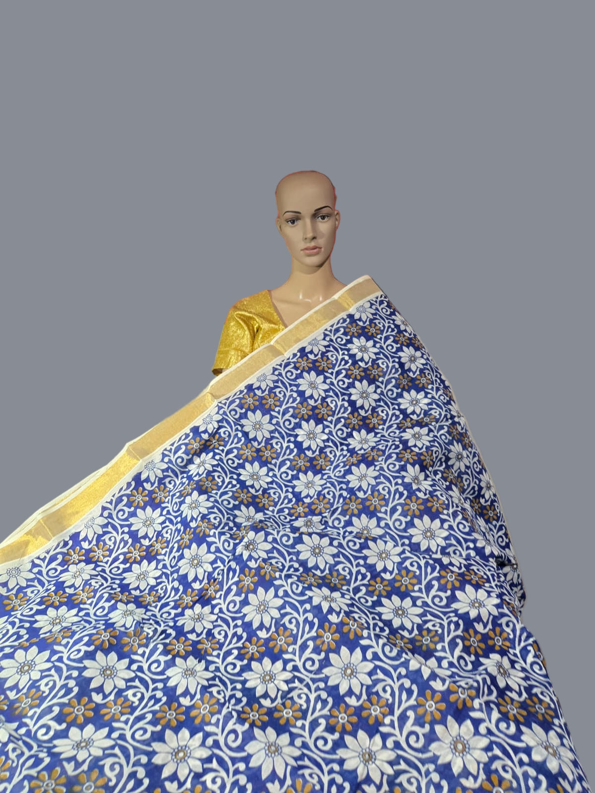 Blue Floral Printed Cotton Saree USA| Pure Cotton Sarees Buy from USA  –  Buy Onam Saree Online | Blue Floral Print Saree