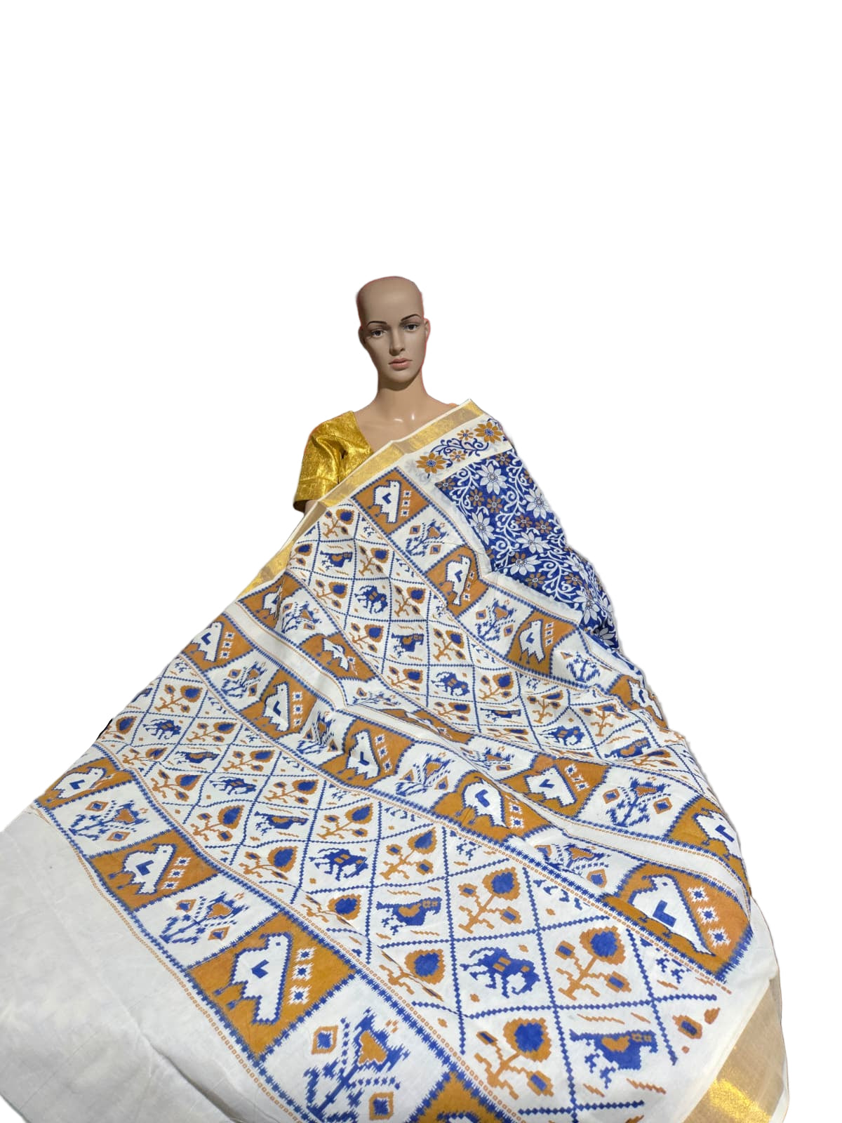 Blue Floral Printed Cotton Saree USA| Pure Cotton Sarees Buy from USA  –  Buy Onam Saree Online | Blue Floral Print Saree