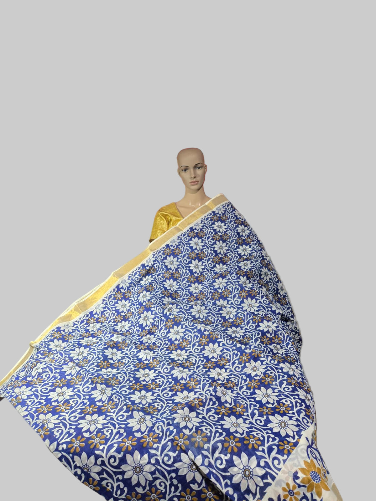 Blue Floral Printed Cotton Saree USA| Pure Cotton Sarees Buy from USA  –  Buy Onam Saree Online | Blue Floral Print Saree