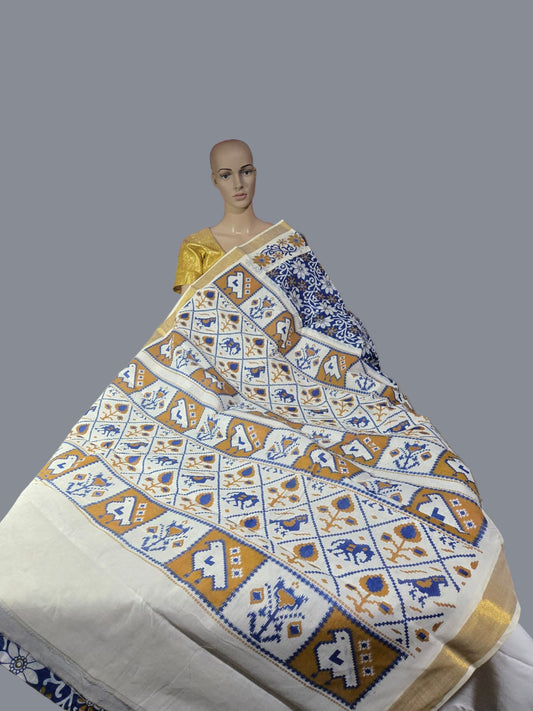 Blue Floral Printed Cotton Saree USA| Pure Cotton Sarees Buy from USA  –  Buy Onam Saree Online | Blue Floral Print Saree