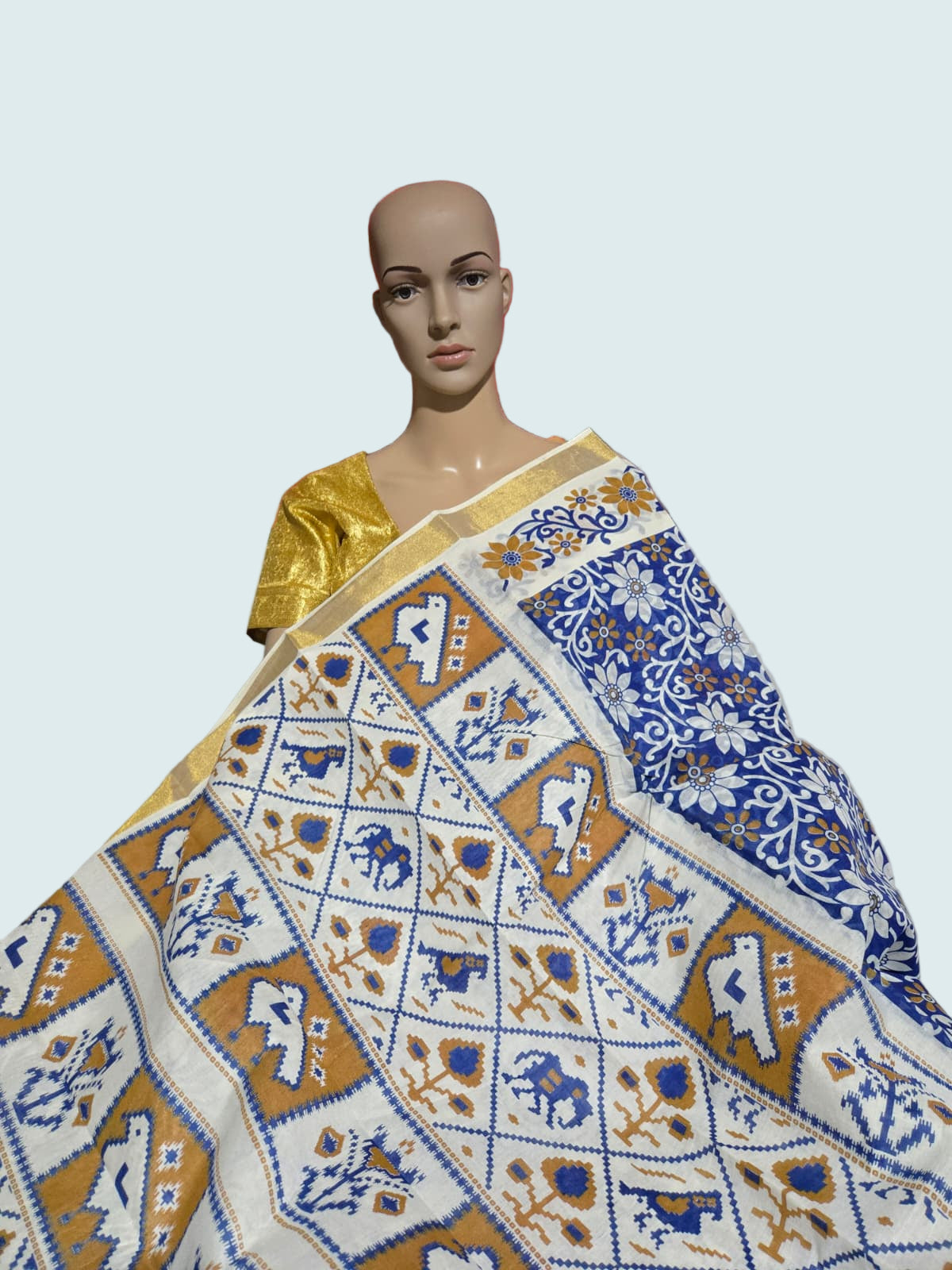 Blue Floral Printed Cotton Saree USA| Pure Cotton Sarees Buy from USA  –  Buy Onam Saree Online | Blue Floral Print Saree