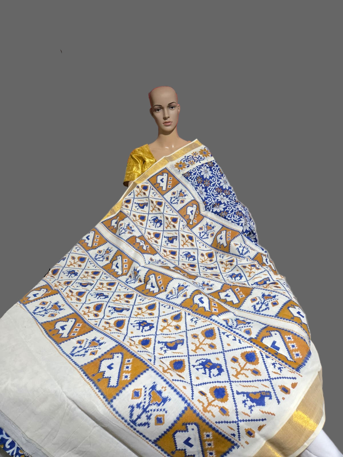 Blue Floral Printed Cotton Saree USA| Pure Cotton Sarees Buy from USA  –  Buy Onam Saree Online | Blue Floral Print Saree