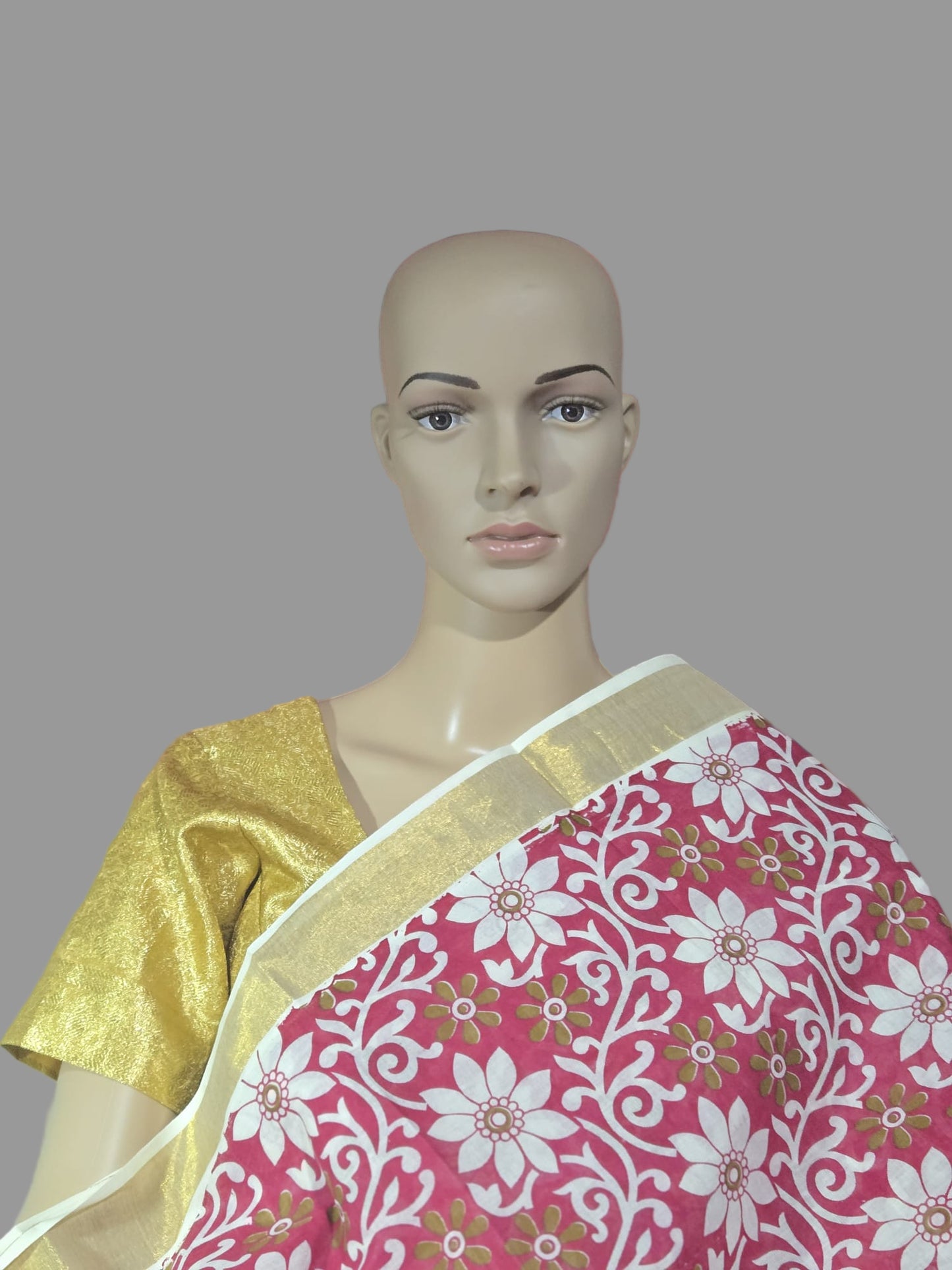 Printed Cotton Saree 100% Pure Cotton Saree Buy from USA  –  Buy Onam Saree online- Red Floral Print Cotton Saree