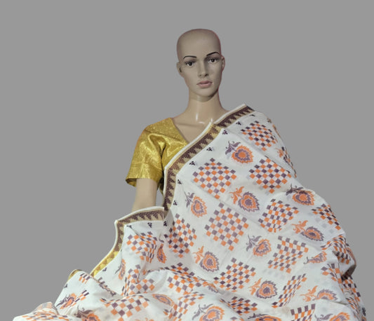 Printed Cotton Saree 100% Pure Cotton Saree Buy from USA  –  –  Buy Onam Saree online- Floral Checks Saree