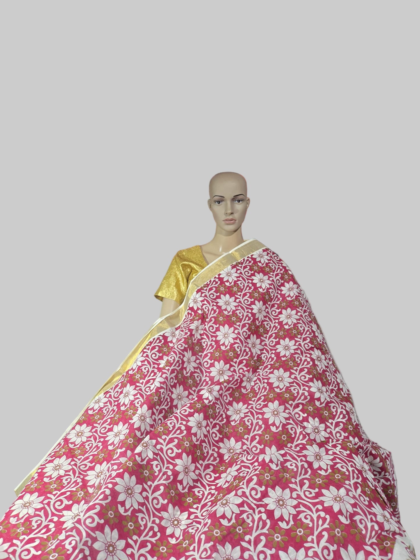 Printed Cotton Saree 100% Pure Cotton Saree Buy from USA  –  Buy Onam Saree online- Red Floral Print Cotton Saree