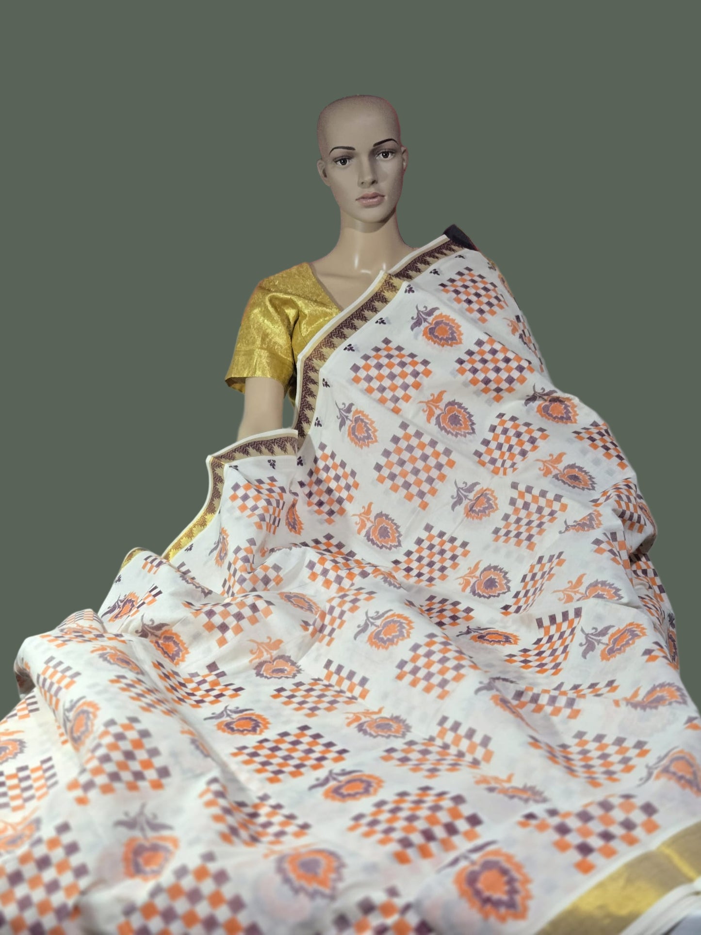Printed Cotton Saree 100% Pure Cotton Saree Buy from USA  –  –  Buy Onam Saree online- Floral Checks Saree