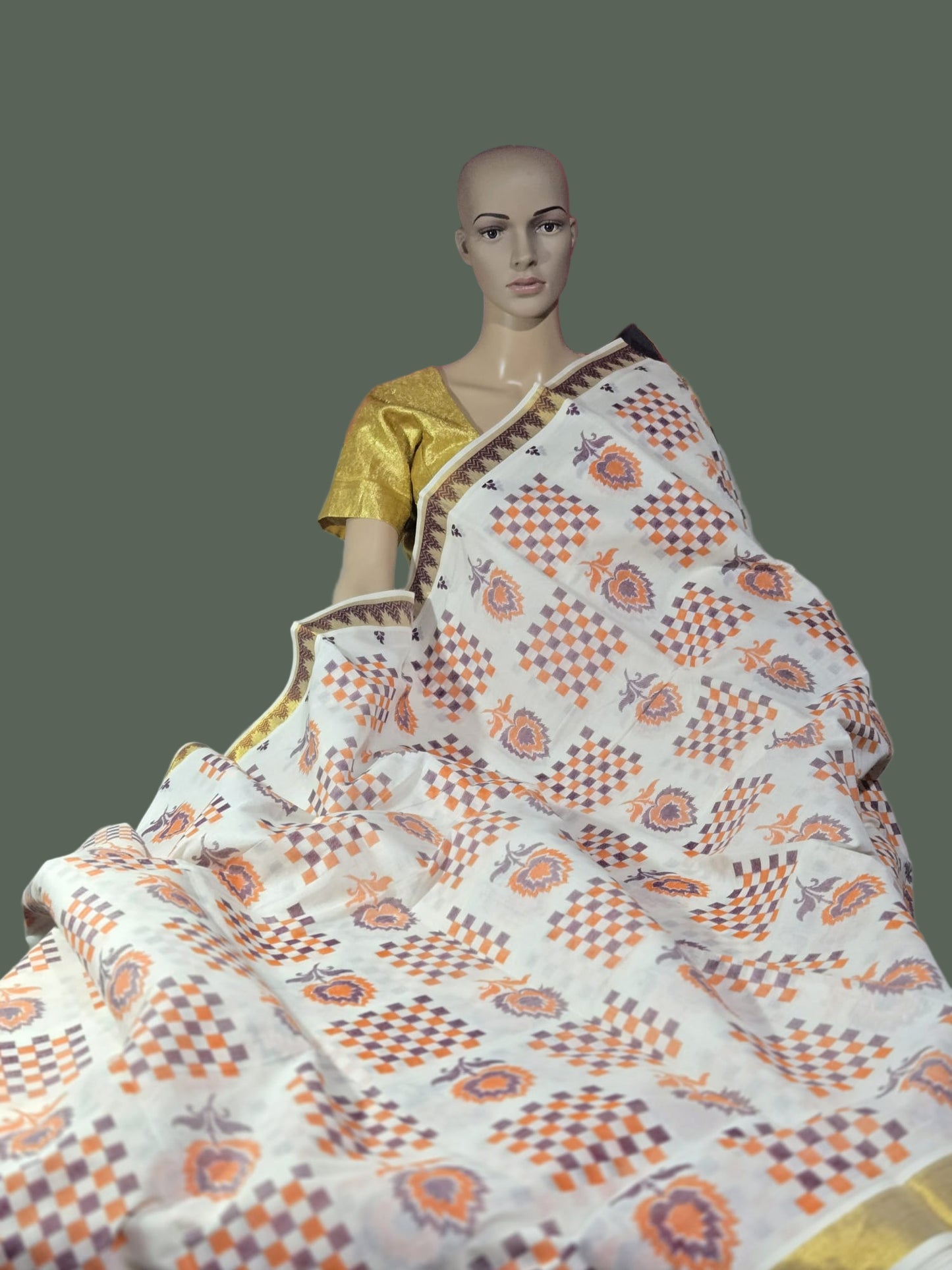 Printed Cotton Saree 100% Pure Cotton Saree Buy from USA  –  –  Buy Onam Saree online- Floral Checks Saree