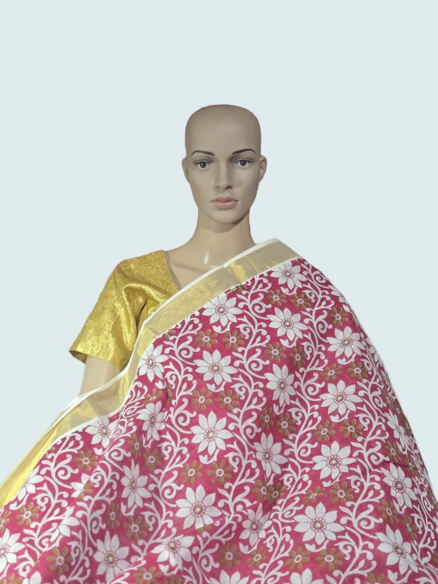 Printed Cotton Saree 100% Pure Cotton Saree Buy from USA  –  Buy Onam Saree online- Red Floral Print Cotton Saree