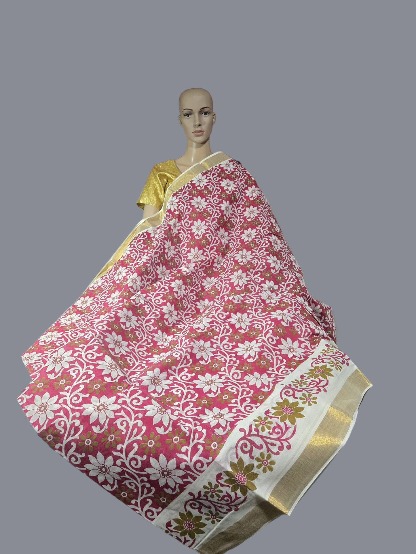 Printed Cotton Saree 100% Pure Cotton Saree Buy from USA  –  Buy Onam Saree online- Red Floral Print Cotton Saree