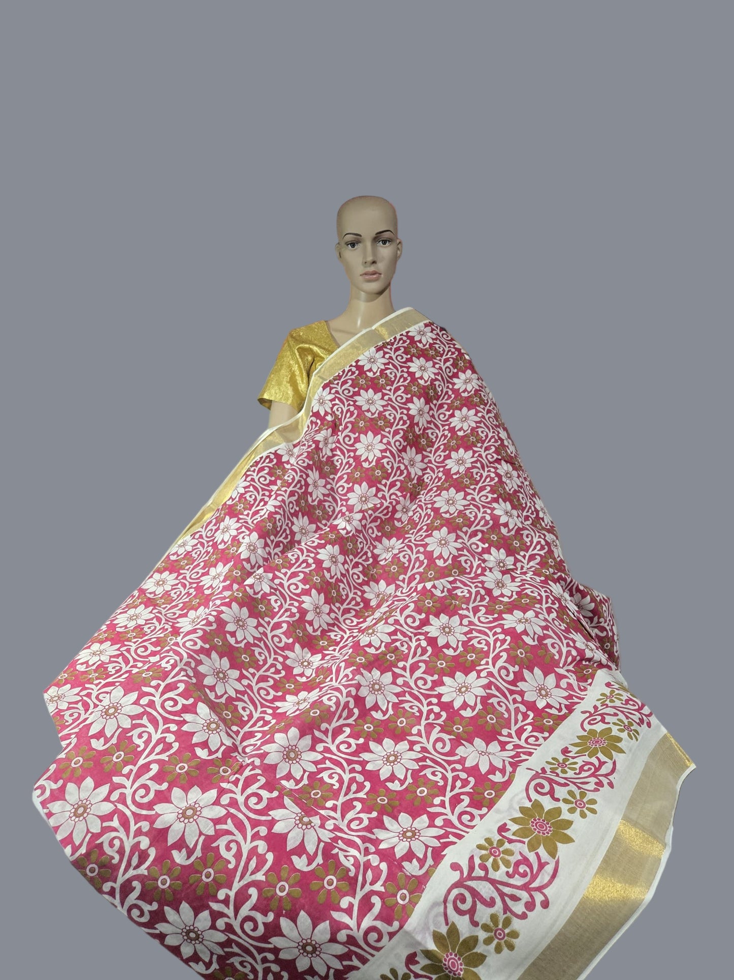 Printed Cotton Saree 100% Pure Cotton Saree Buy from USA  –  Buy Onam Saree online- Red Floral Print Cotton Saree