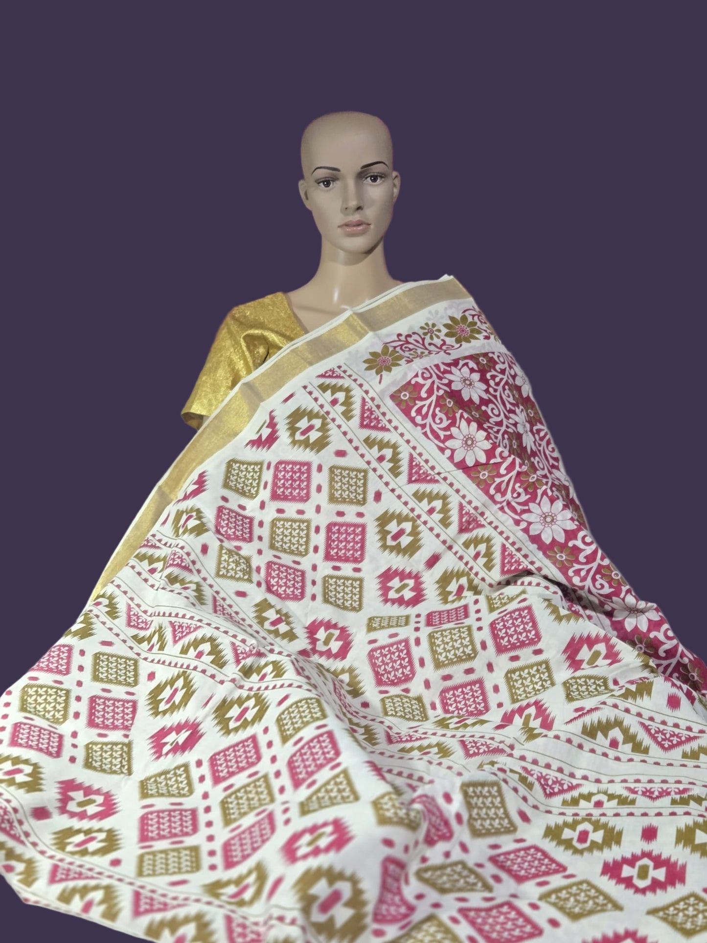 Printed Cotton Saree 100% Pure Cotton Saree Buy from USA  –  Buy Onam Saree online- Red Floral Print Cotton Saree
