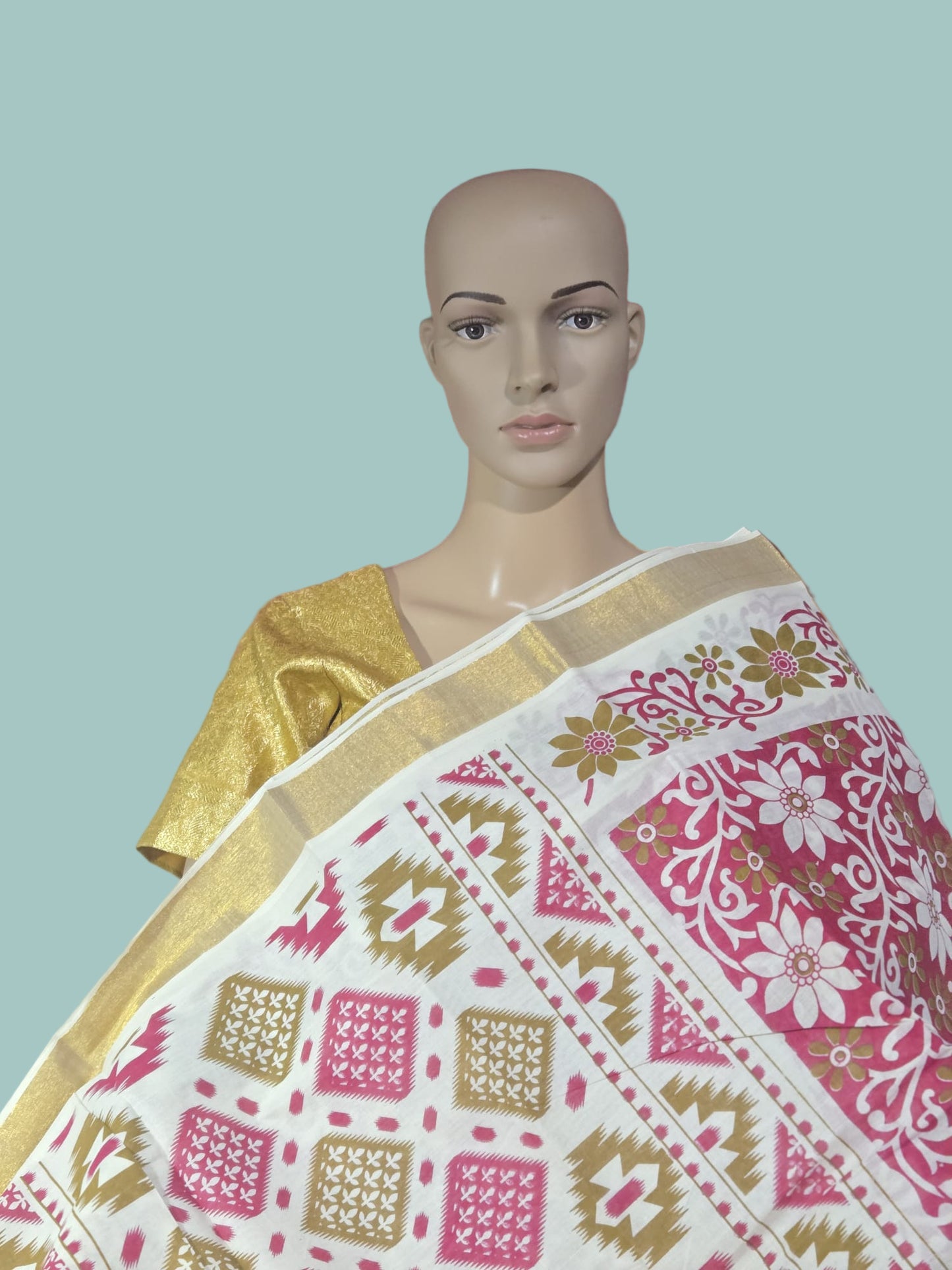 Printed Cotton Saree 100% Pure Cotton Saree Buy from USA  –  Buy Onam Saree online- Red Floral Print Cotton Saree