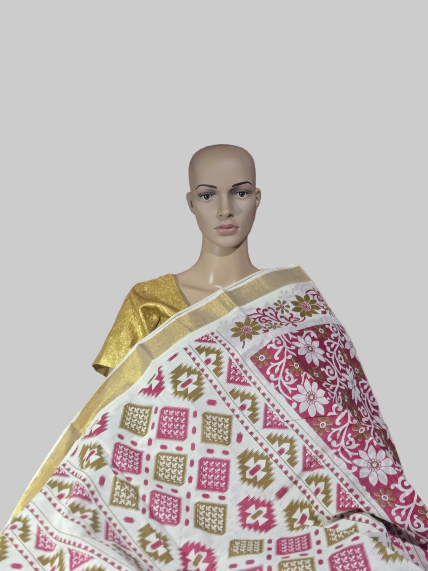 Printed Cotton Saree 100% Pure Cotton Saree Buy from USA  –  Buy Onam Saree online- Red Floral Print Cotton Saree