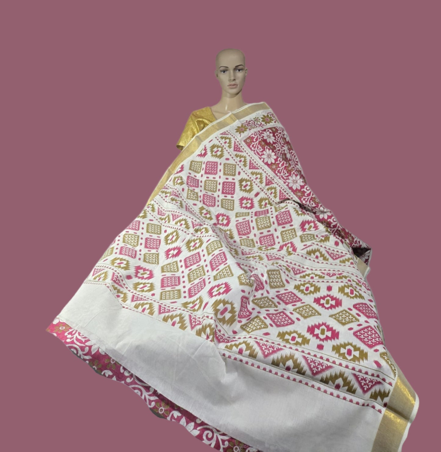 Printed Cotton Saree 100% Pure Cotton Saree Buy from USA  –  Buy Onam Saree online- Red Floral Print Cotton Saree