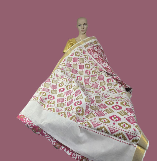 Printed Cotton Saree 100% Pure Cotton Saree Buy from USA  –  Buy Onam Saree online- Red Floral Print Cotton Saree