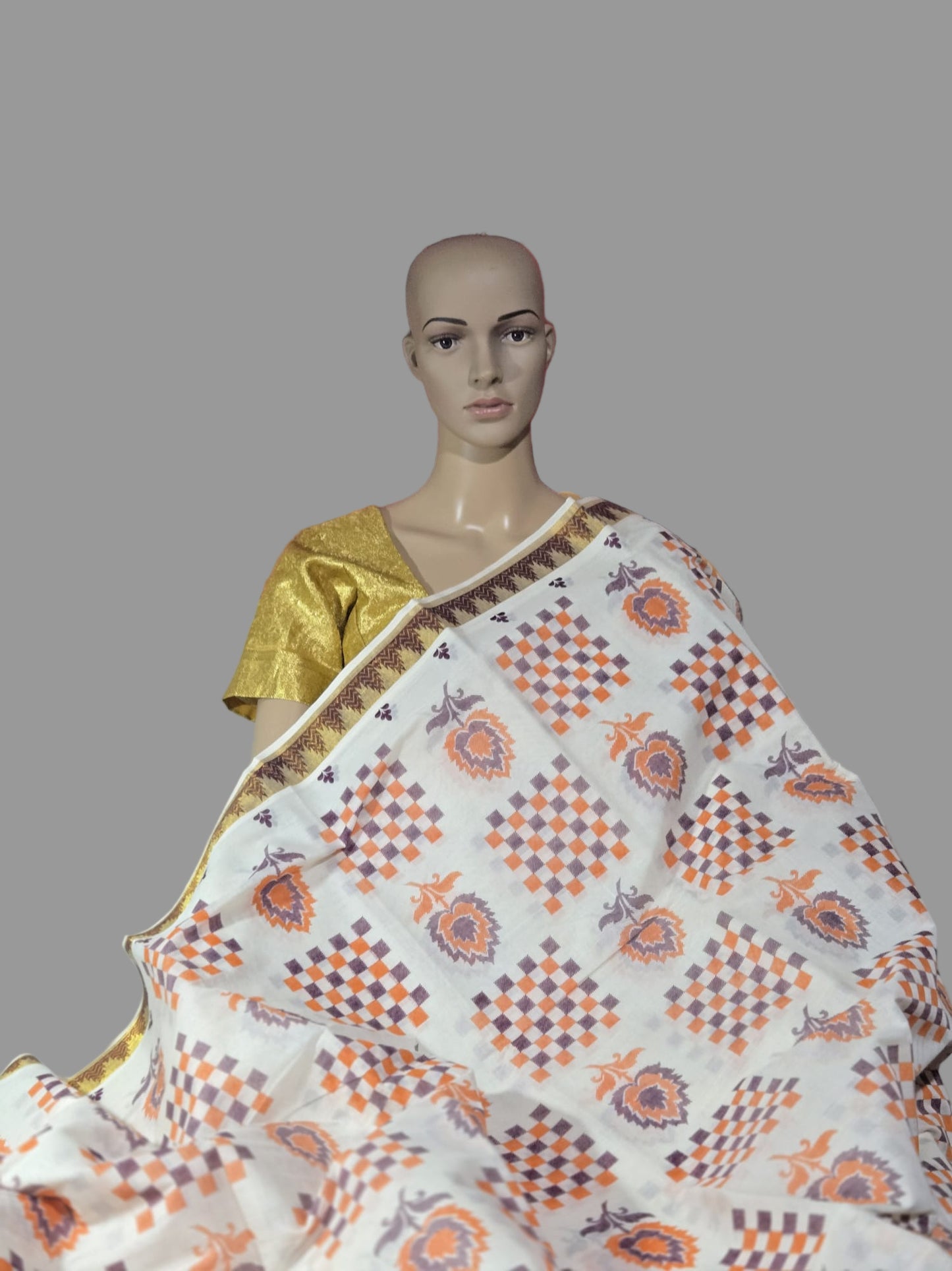 Printed Cotton Saree 100% Pure Cotton Saree Buy from USA  –  –  Buy Onam Saree online- Floral Checks Saree