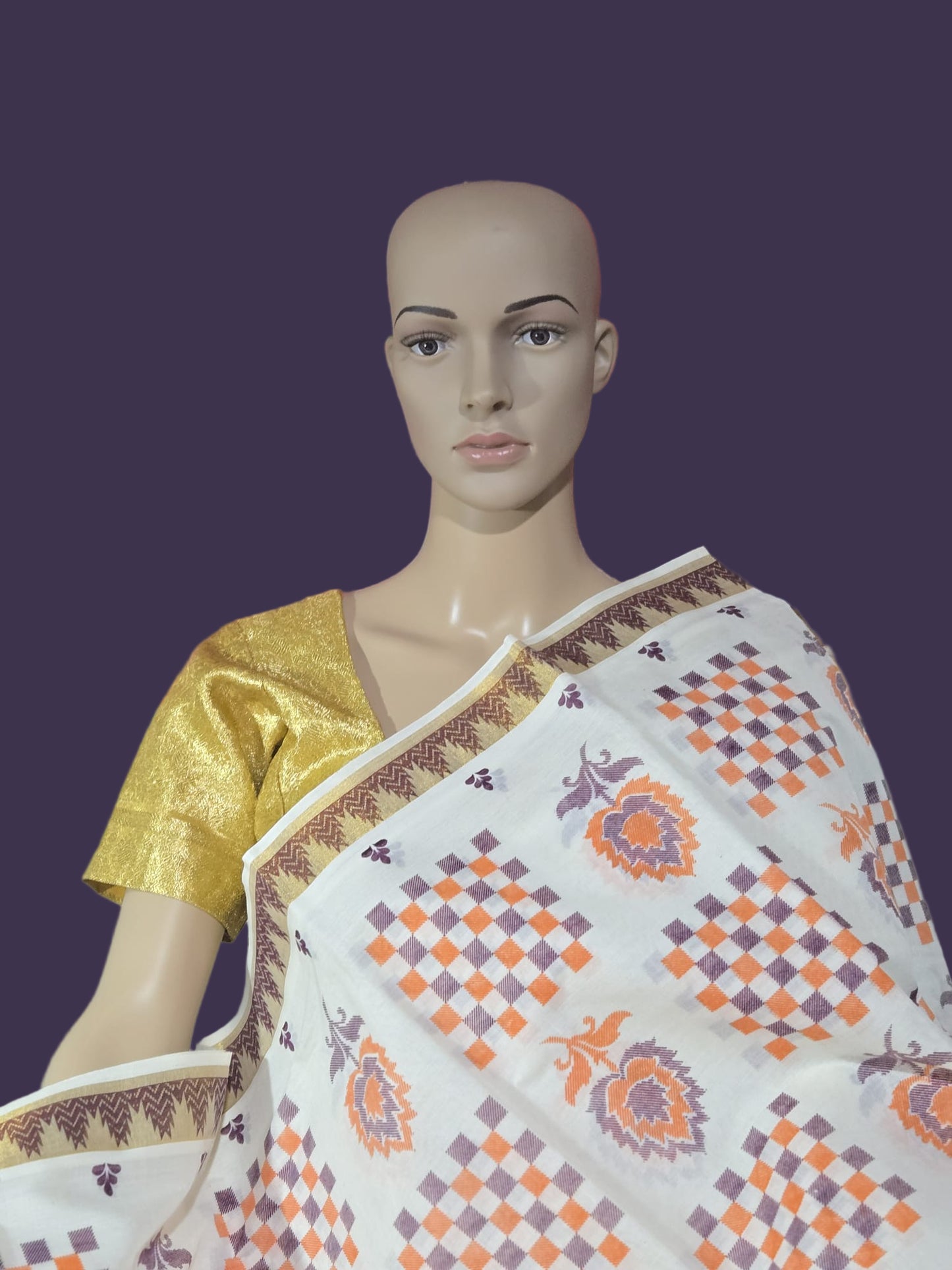 Printed Cotton Saree 100% Pure Cotton Saree Buy from USA  –  –  Buy Onam Saree online- Floral Checks Saree