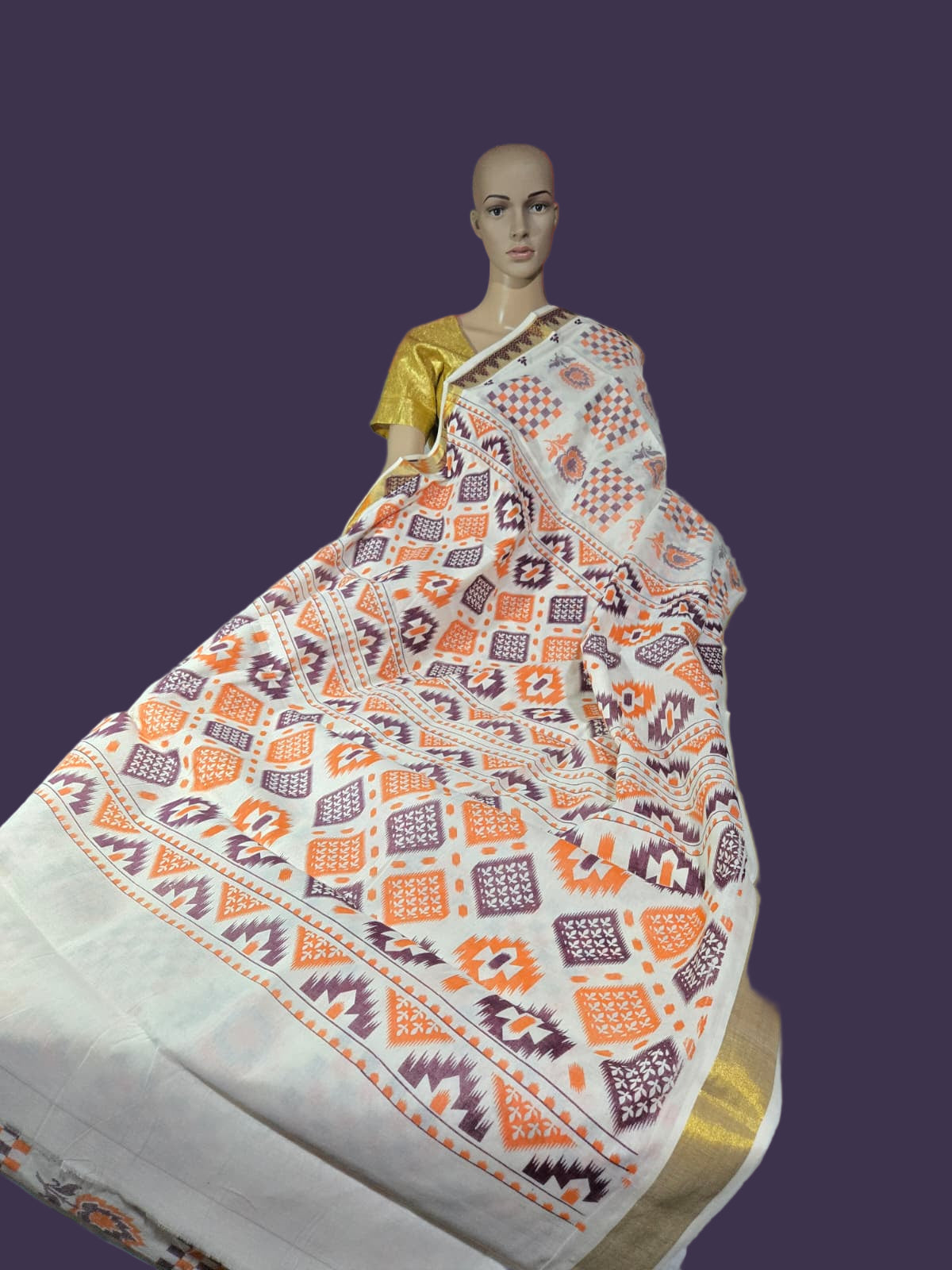 Printed Cotton Saree 100% Pure Cotton Saree Buy from USA  –  –  Buy Onam Saree online- Floral Checks Saree