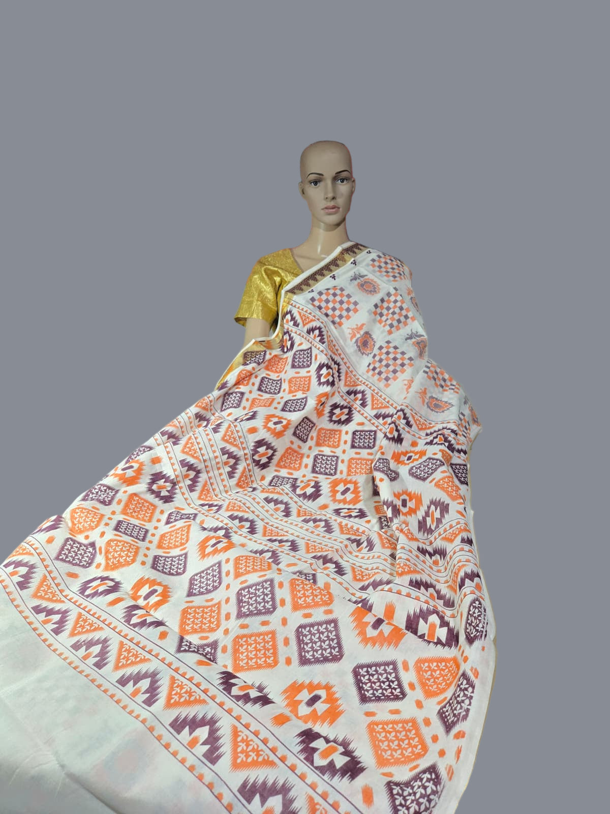 Printed Cotton Saree 100% Pure Cotton Saree Buy from USA  –  –  Buy Onam Saree online- Floral Checks Saree