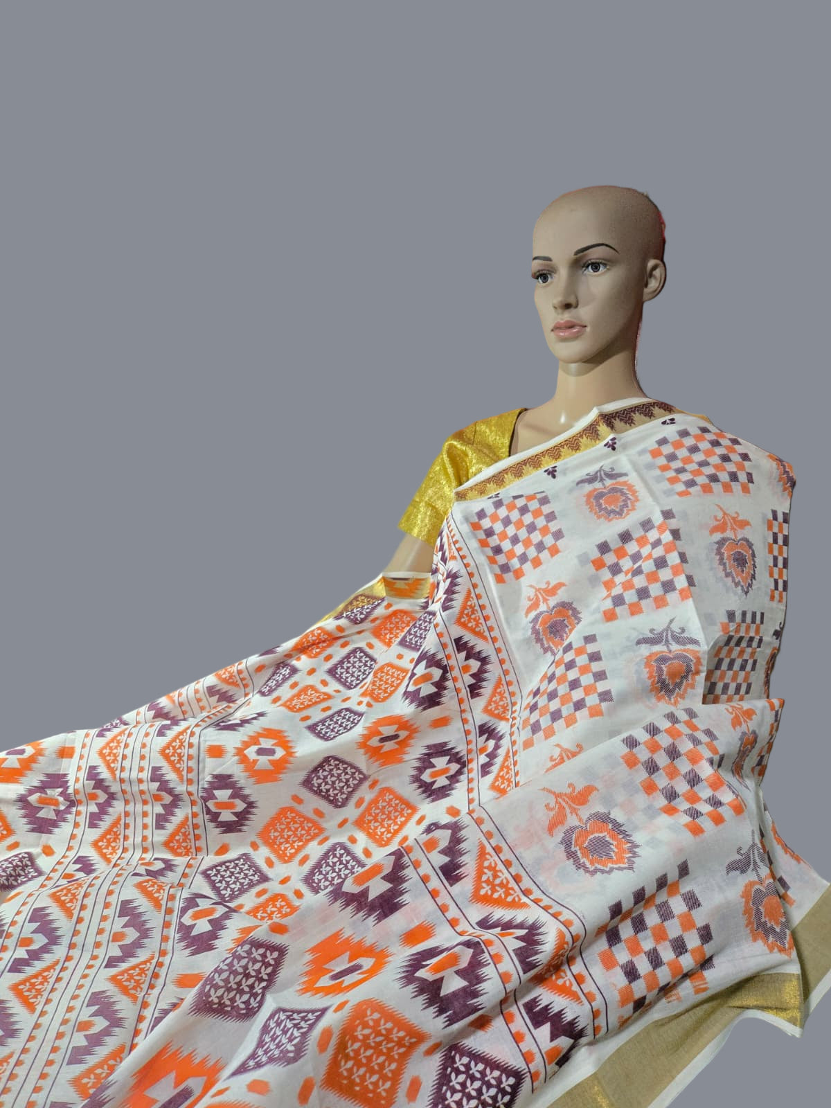 Printed Cotton Saree 100% Pure Cotton Saree Buy from USA  –  –  Buy Onam Saree online- Floral Checks Saree