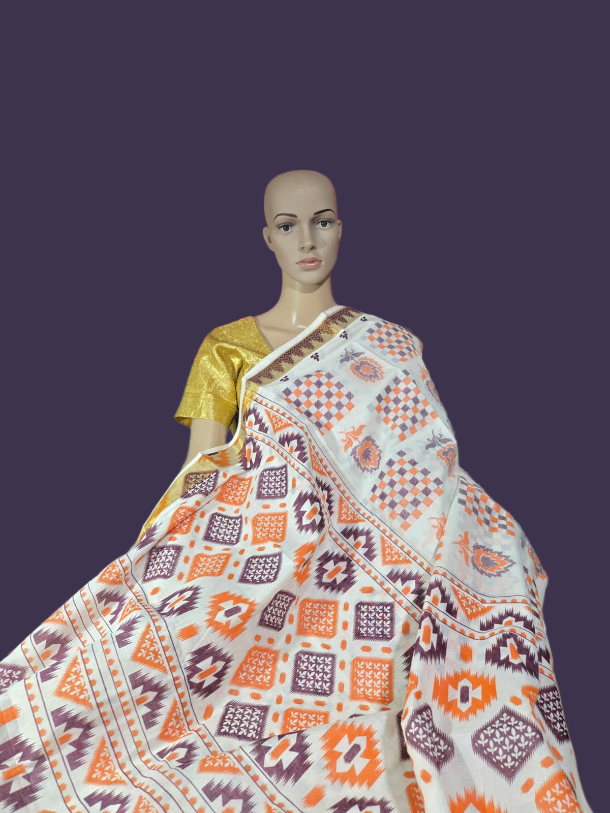 Printed Cotton Saree 100% Pure Cotton Saree Buy from USA  –  –  Buy Onam Saree online- Floral Checks Saree