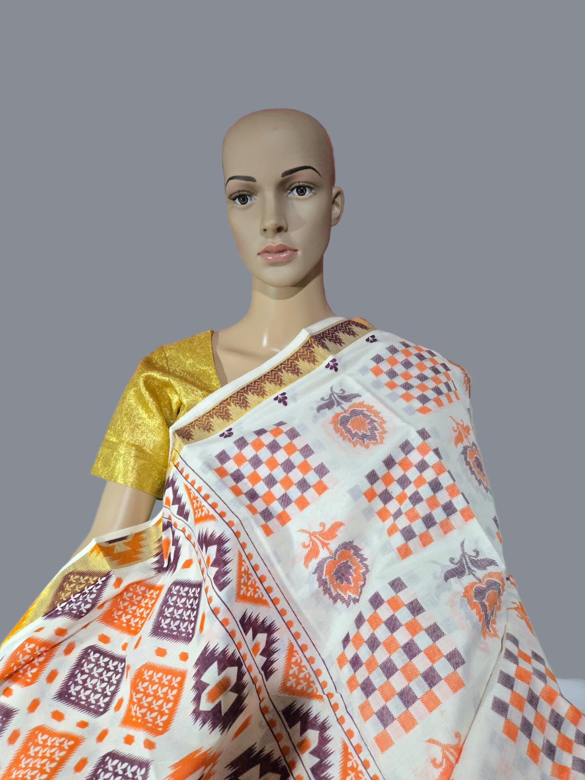 Printed Cotton Saree 100% Pure Cotton Saree Buy from USA  –  –  Buy Onam Saree online- Floral Checks Saree