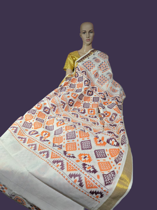 Printed Cotton Saree 100% Pure Cotton Saree Buy from USA  –  –  Buy Onam Saree online- Floral Checks Saree