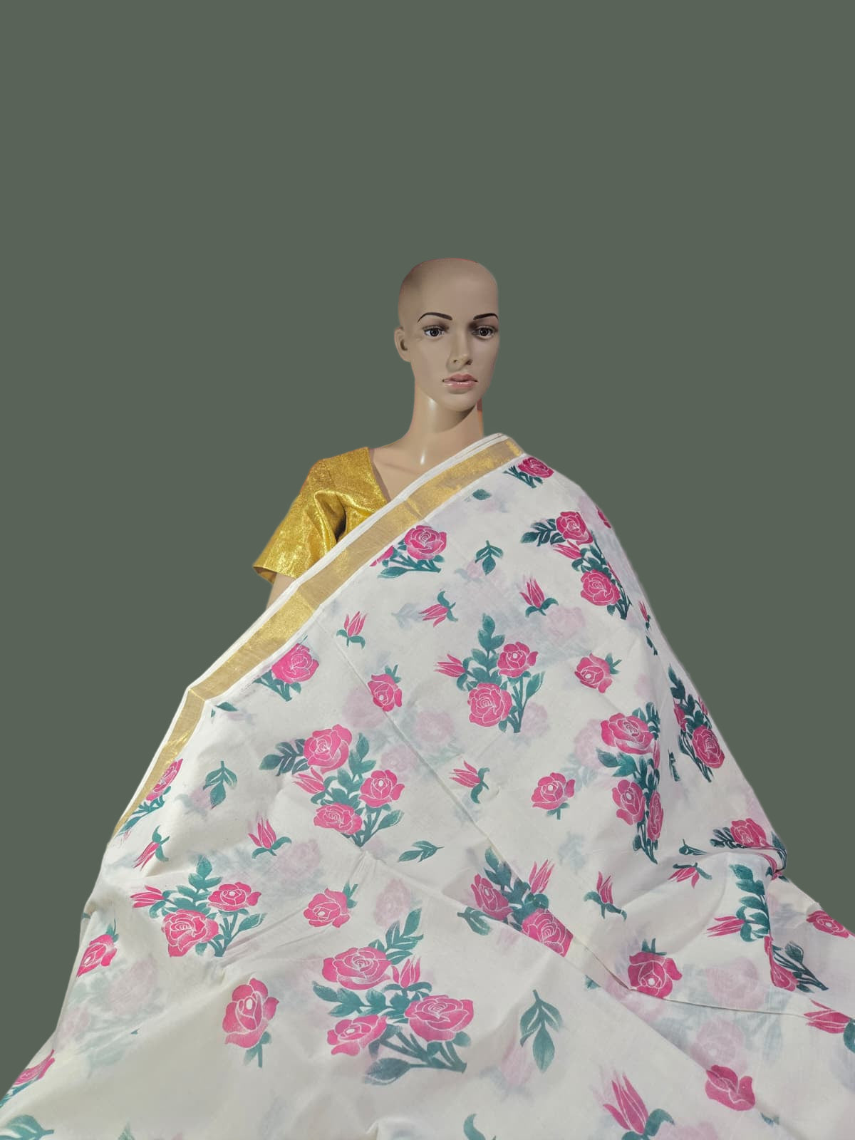 Traditional Indian Saree USA | Pure Cotton Sarees Buy from USA  –  Buy Onam Saree Online | Rose Print Saree