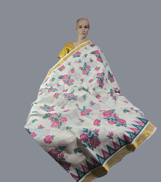 Traditional Indian Saree USA | Pure Cotton Sarees Buy from USA  –  Buy Onam Saree Online | Rose Print Saree