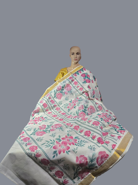 Traditional Indian Saree USA | Pure Cotton Sarees Buy from USA  –  Buy Onam Saree Online | Rose Print Saree