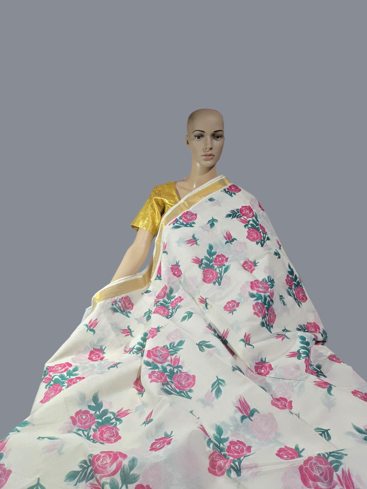 Traditional Indian Saree USA | Pure Cotton Sarees Buy from USA  –  Buy Onam Saree Online | Rose Print Saree