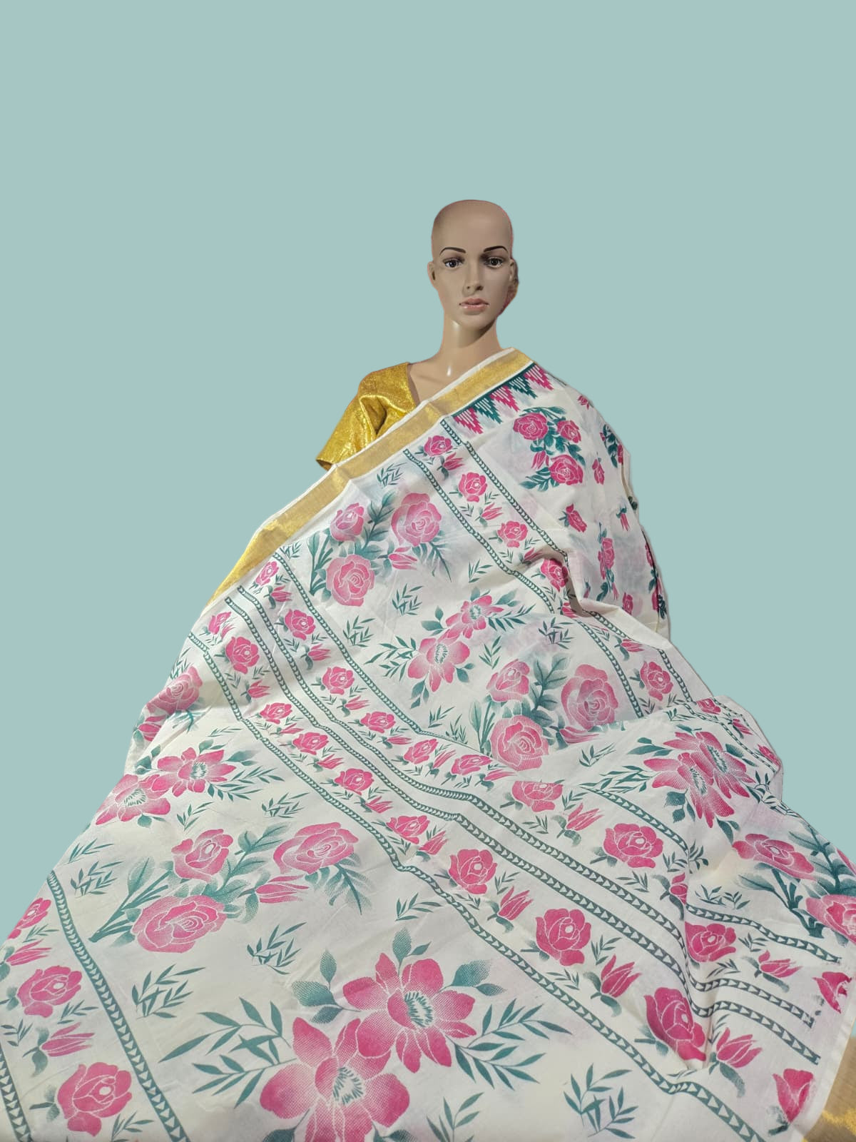Traditional Indian Saree USA | Pure Cotton Sarees Buy from USA  –  Buy Onam Saree Online | Rose Print Saree